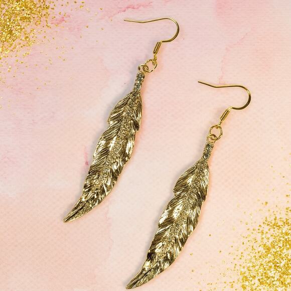 Hand Crafted Jewelry - Feather and Rhinestone Statement Dangle Earrings / Pierced